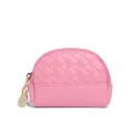 Pink woven leather mini coin purse with zipper closure and cute gold tone charm pendant. - Ribbon Pink