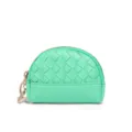 Mint green woven leather semi-circular coin purse mini zipper wallet with metal keyring. - Siren Green