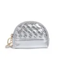 Silver woven leather coin purse mini wallet with zipper and keychain for women daily use - Silver