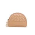 Mini woven leather coin purse with zipper closure and cute keychain pendant, elegant style. - Apricot