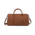 Stylish brown suede women Boston bag, chic bowling handbag with shoulder strap and top handles. - Brown