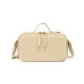 Élégant sac bandoulière mini en cuir tissé beige avec poignée et double fermeture éclair. - Jaune lait