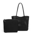 Sac cabas tissé noir avec pochette assortie, grande capacité sac à épaule minimaliste. - Noir