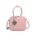 Bolso de hombro bowling de cuero tejido rosa con asas y abalorio de corazón verde mujer - Rosa Loto