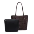 Sac cabas tressé grande capacité sac porté épaule marron avec poche design simple - Café/Noir