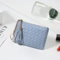 Mini porte-monnaie en cuir tissé avec pompon et porte-clés, petit portefeuille léger et mignon. - A43# Rose et bleu / Bleu Pâle