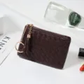 Compact petit porte-monnaie en cuir tressé marron foncé avec pompon et fermeture éclair - A43# marron foncé / Marron Foncé