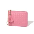 Joli Petit Porte-monnaie Tressé Rose avec Pompon Porte-clés Mini Étui à Cartes Femme - B43# rose ruban / Rose Ruban