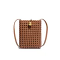 Chic brown woven mini phone crossbody bag with gold button closure for women and daily use. - Brown