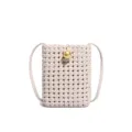Chic woven mini crossbody bag for women, retro vertical phone purse with elegant gold ball. - Off White
