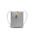 Silver woven mini phone bag with gold spherical clasp, chic vertical crossbody style. - Silver