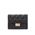 Mini cartera corta acolchada de cuero suave con cierre giratorio dorado, monedero elegante. - Negro