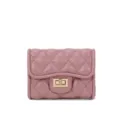 Rosa gesteppte Mini-Brieftasche mit goldenem Drehbeschluss, kompaktes Leder-Kartenetui. - Lotuslila