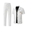 Men's casual solid waffle lapel pocket cargo jacket and matching pants set in white. - Size S / Set / White