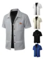 Men's waffle knit short sleeve button up shirt casual lapel cardigan top with pocket. - S / Tops / Gray