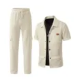 Men waffle knit short sleeve button shirt and cargo pants set casual streetwear outfit - Size S / Set / Khaki