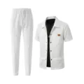 Men casual waffle solid color lapel pocket short sleeve shirt and long pants white set - S / Top And Bottom / White