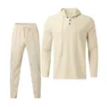 Men's waffle knit long sleeve button hoodie and casual sweatpants two piece set beige variant. - S / Top And Bottom / Khaki
