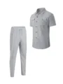 Men's grey waffle knit short sleeve button shirt and long pants casual tracksuit set - S / Top And Bottom / Gray
