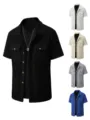 Men's Casual Waffle Knit Short Sleeve Button Down Shirt with Dual Chest Pockets. - S / Tops / Black