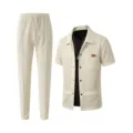 Men's casual waffle knit solid color lapel short sleeve workwear jacket and pants set - S / Top And Bottom / Khaki