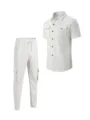Men's casual waffle short-sleeve shirt and cargo pants set, solid white variant. - Size S / Top And Bottom / White
