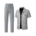 Men grey waffle knit short sleeve shirt jacket and cargo pants casual outfit set. - Size S / Set / Gray