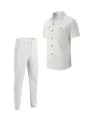 Men's casual waffle solid color short sleeve shirt and pants set white color variant option - S / Top And Bottom / White