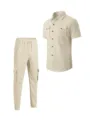Men's casual waffle knit solid lapel short sleeve shirt and cargo pants set beige. - Size S / Top And Bottom / Khaki