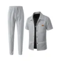 Men's casual waffle short sleeve jacket and pants set light grey summer fashion outfit - S / Top And Bottom / Gray