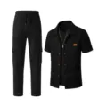 Mens casual black waffle knit short sleeve lapel shirt and matching cargo pants set - Size S / Set / Black