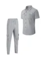 Men waffle knit short sleeve shirt and cargo pants set casual light gray summer outfit. - Size S / Top And Bottom / Gray