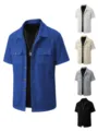 Men's casual waffle short sleeve button up shirt jacket with pockets in multiple colors. - S / Tops / Sapphire Blue