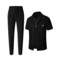 Men's black waffle knit short sleeve button up shirt and pants casual tracksuit set. - S / Top And Bottom / Black