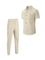 Men's casual waffle knit short sleeve shirt and long pants set solid color workwear outfit - S / Top And Bottom / Khaki