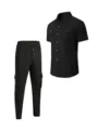 Men waffle knit short sleeve button down shirt and cargo pants casual two piece set - Size S / Top And Bottom / Black