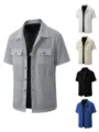 Men's casual short sleeve waffle button-up shirt jacket with dual chest pockets. - Gray