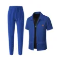 Men casual waffle knit short sleeve shirt jacket and matching long trousers blue set - Sapphire Blue