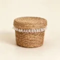 Woven seagrass storage basket with lid and white lace trim for desktop organization. - 20x15cm / Small Round Woven Basket