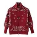 Women Vintage Paisley Knit Cardigan Red Full Zip High Collar Long Sleeve Sweater Jacket - S / Dark Red