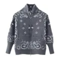 Women vintage paisley jacquard knit zip up cardigan sweater stylish grey winter outerwear - S / Gray