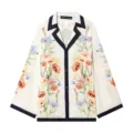 Women French vintage floral print long sleeve button-down shirt with contrast trim - XS / Tops / Printing