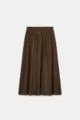 Detailed view of the dark brown high-waisted pleated A-line long skirt with elastic waist. - XS / Coffee