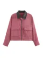 Pink corduroy jacket with contrast collar, front zipper and practical flap pockets detail. - XS / Pink