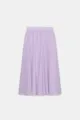 Close-up detail of the light purple pleated midi skirt, showing smooth fabric and elastic waist. - XS / Purple