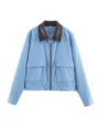 Women light blue corduroy jacket with contrast brown leather lapel and chest pockets. - XS / Blue