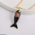 Gold-tone beaded chain necklace featuring an enamel black fish pendant with shimmering stone. - Black-1 (Pendant + Necklace)