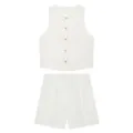 Detail view of the elegant solid color sleeveless vest and matching shorts set, clean white. - XS / Top And Bottom / White Set