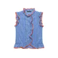 Blue striped sleeveless blouse with orange contrast ruffles and green buttons for women. - XS / Sapphire Blue