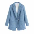 Light blue tweed blazer featuring long sleeves, double-breasted rhinestone buttons and fringe trim. - XS / Light Blue